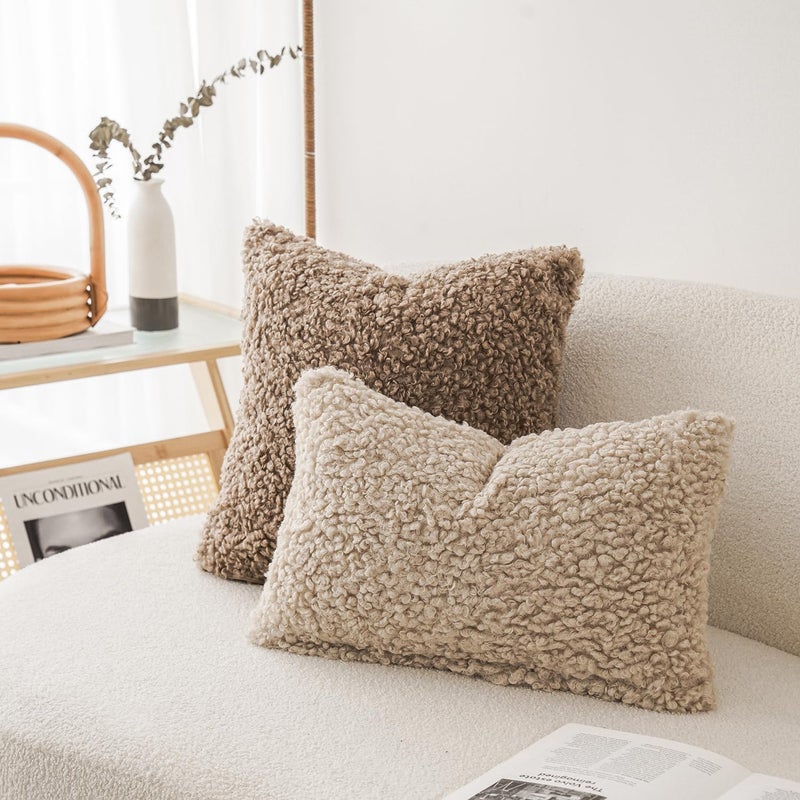 Foindtower Set of 2 Curly Teddy Wool Pillow Covers Decorative Boucle Textured Lumbar Throw Pillow Faux Fur Pillowcases Sheepskin Cushion Case for Sofa Bedroom Car 12"x20" Light Khaki - Image 4